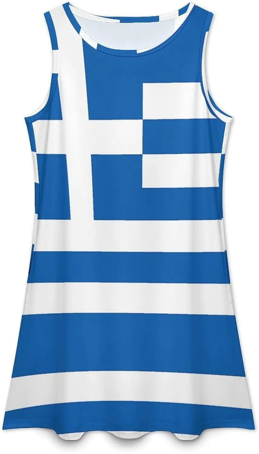 Greece Flag Women's Summer Dress Sleeveless Casual Loose Beach Vacation Tank Sundress