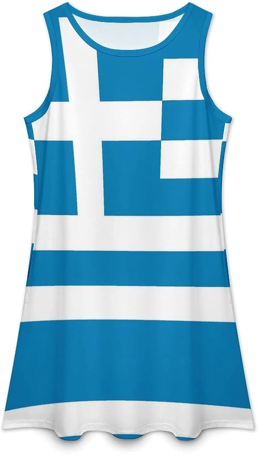 Greek Flag Women's Summer Dress Sleeveless Casual Loose Beach Vacation Tank Sundress