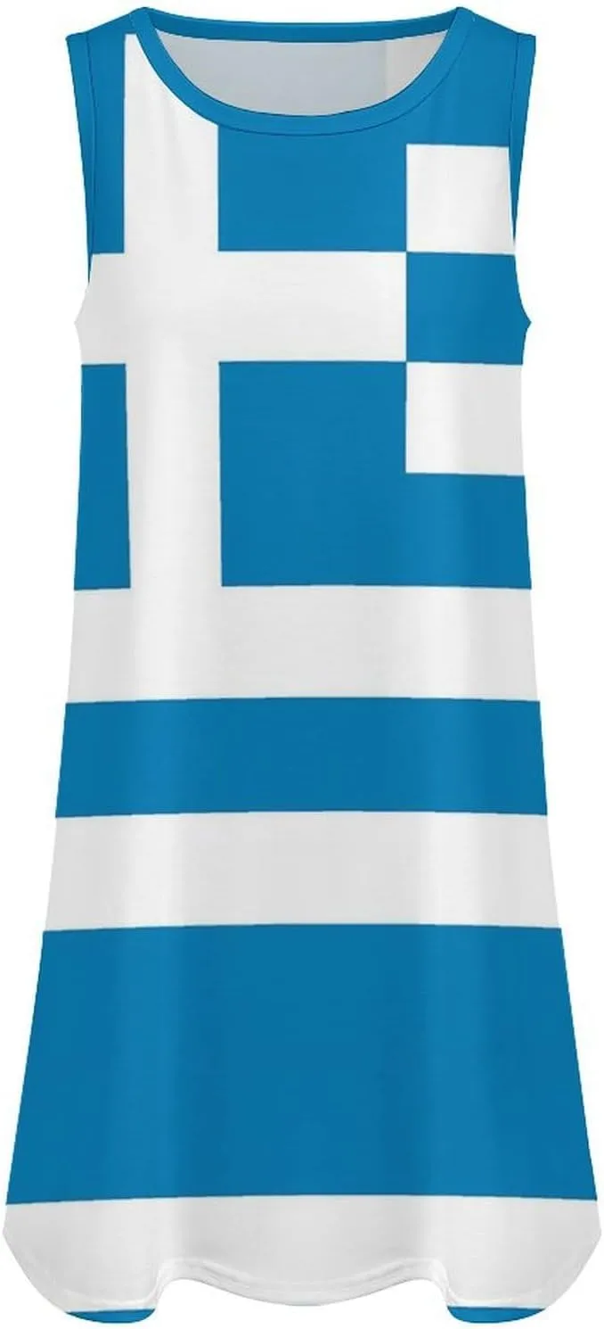Greek Flag Women's Summer Dress Sleeveless Casual Loose Beach Vacation Tank Sundress