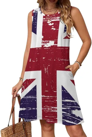 Grunge British Flag Women's Summer Dress Sleeveless Casual Loose Beach Vacation Tank Sundress