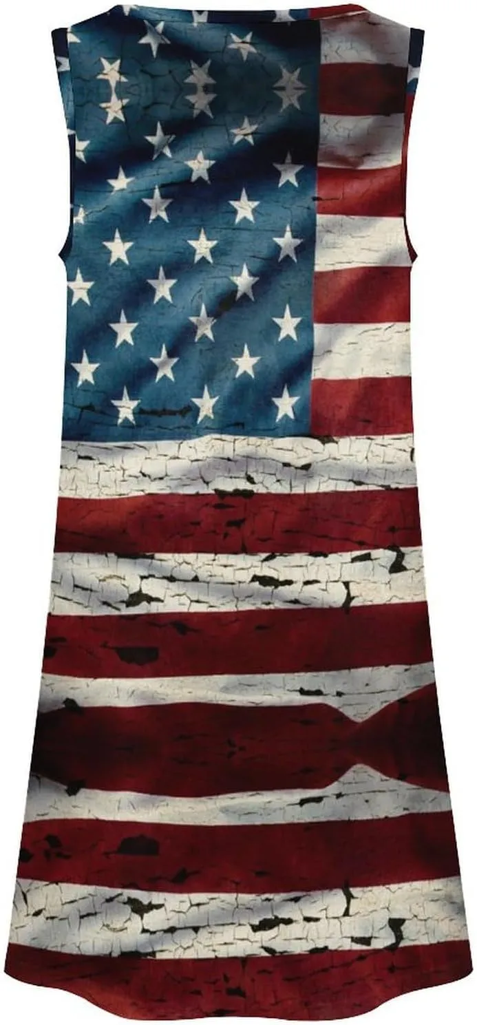 Grunge USA Flag Women's Summer Dress Sleeveless Casual Loose Beach Vacation Tank Sundress