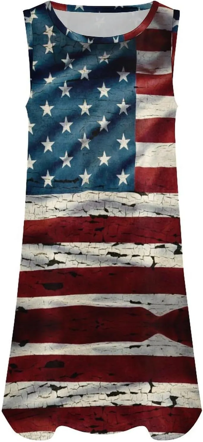 Grunge USA Flag Women's Summer Dress Sleeveless Casual Loose Beach Vacation Tank Sundress