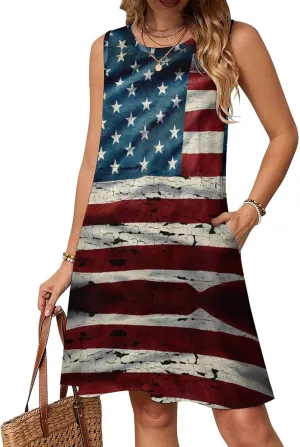 Grunge USA Flag Women's Summer Dress Sleeveless Casual Loose Beach Vacation Tank Sundress