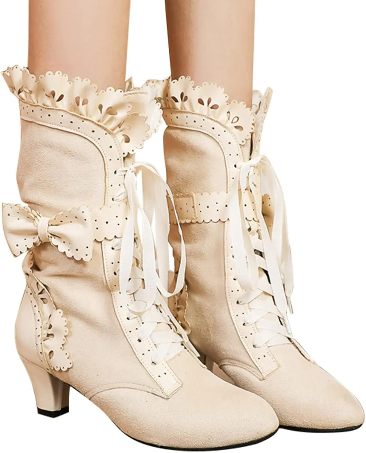 Halloween Boots for Women Women Vintage Victorian Boots 70s Lace Up Mid Calf Renaissance Boots Fall Winter Boots