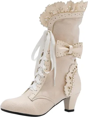 Halloween Boots for Women Women Vintage Victorian Boots 70s Lace Up Mid Calf Renaissance Boots Fall Winter Boots