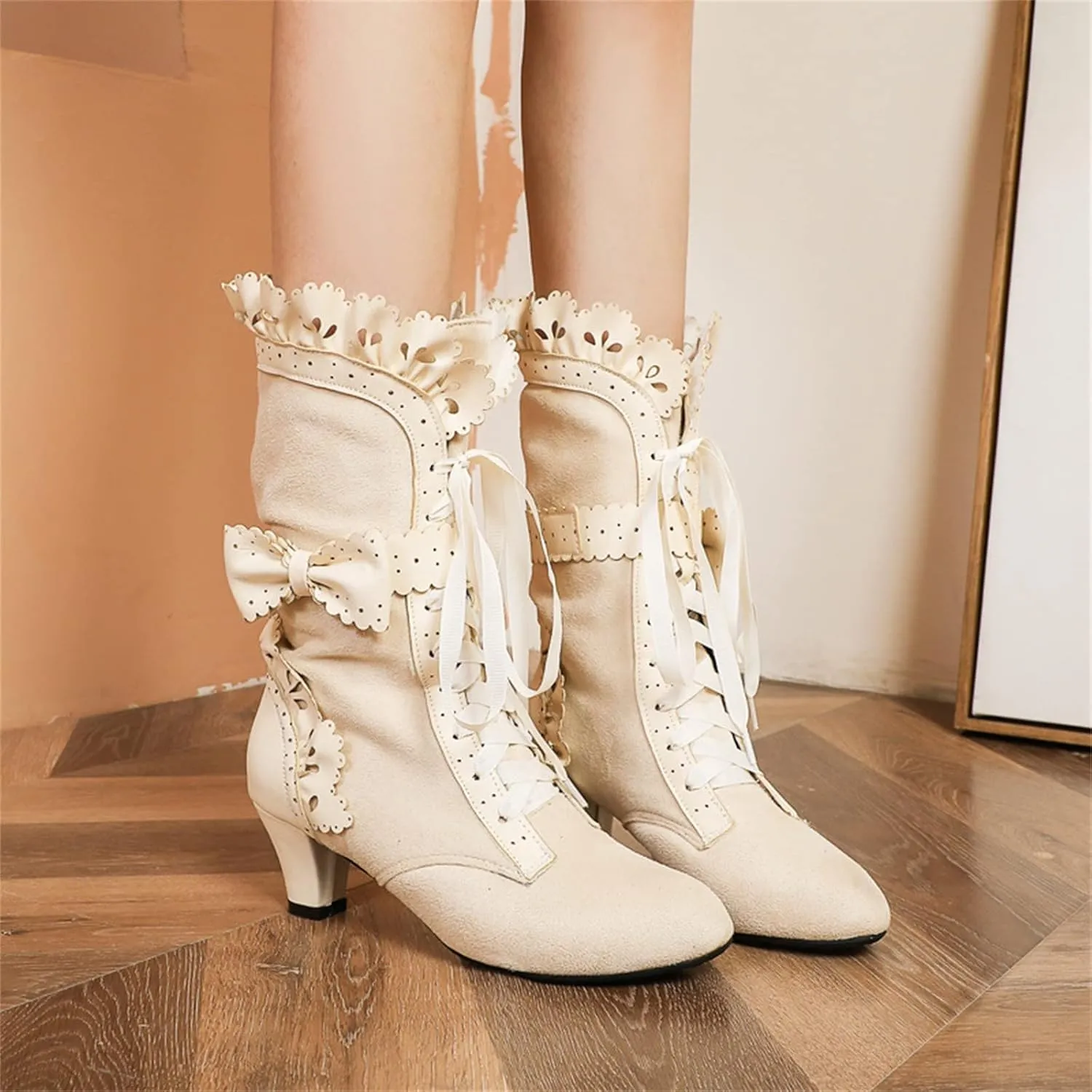 Halloween Boots for Women Women Vintage Victorian Boots 70s Lace Up Mid Calf Renaissance Boots Fall Winter Boots