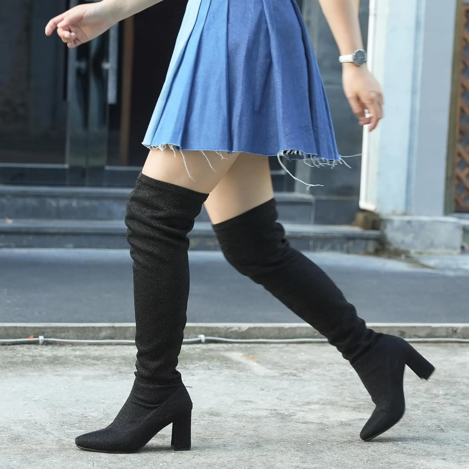 Hawkwell Women's Comfort Chunky Thigh High Boots Pointy-toe and High-heel Party Wedding Shiny Dressy Over The Knee Boots