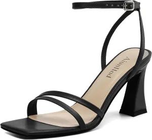 Heeled Sandals for Women Chunky Block High Heels Square Open Toe Sandals with Ankle Strap 3 Inch Dress Heels Comfortable