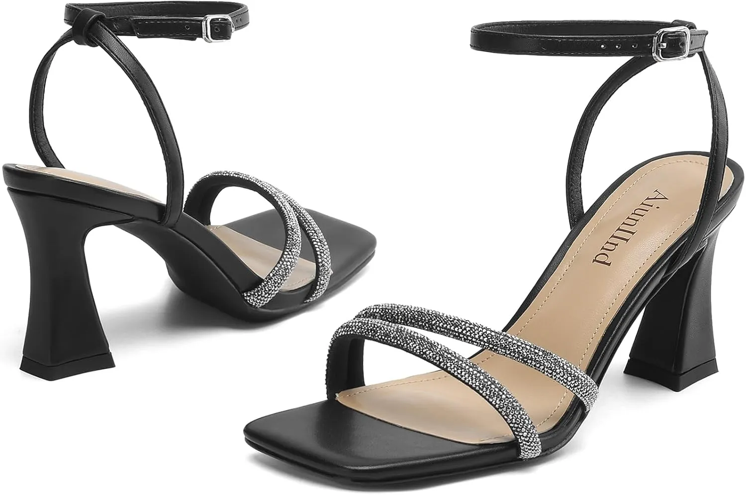 Heeled Sandals for Women Chunky Block High Heels Square Open Toe Sandals with Ankle Strap 3 Inch Dress Heels Comfortable