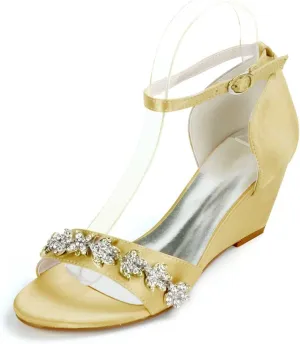 Heeled Wedge Sandals for Women,Buckle Open Toe High Heels Satin Dress Rhinestones Wedding Party Evening for Party Wedding