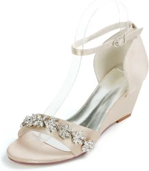 Heeled Wedge Sandals for Women,Buckle Open Toe High Heels Satin Dress Rhinestones Wedding Party Evening for Party Wedding