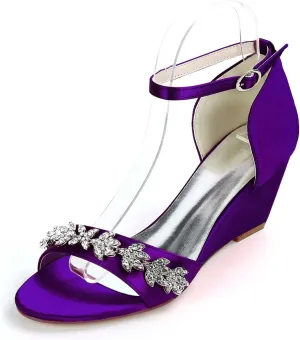 Heeled Wedge Sandals for Women,Buckle Open Toe High Heels Satin Dress Rhinestones Wedding Party Evening for Party Wedding