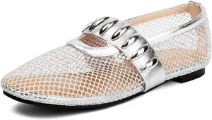 HIPPOSEUS Womens Fishnet Ballet Flats Mary Jane Flat Slippers Summer Comfortable Ballerina Flat Shoes