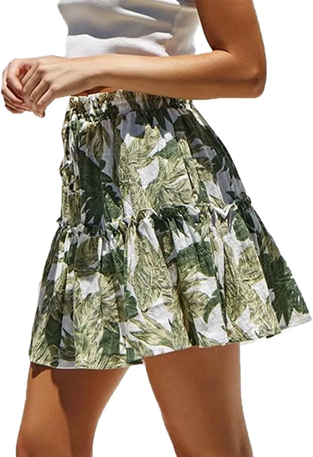Hoerev Womens Girls Floral Flared Short Skirt Cute High Waist Ruffle Skirt Beach Mini Skirt