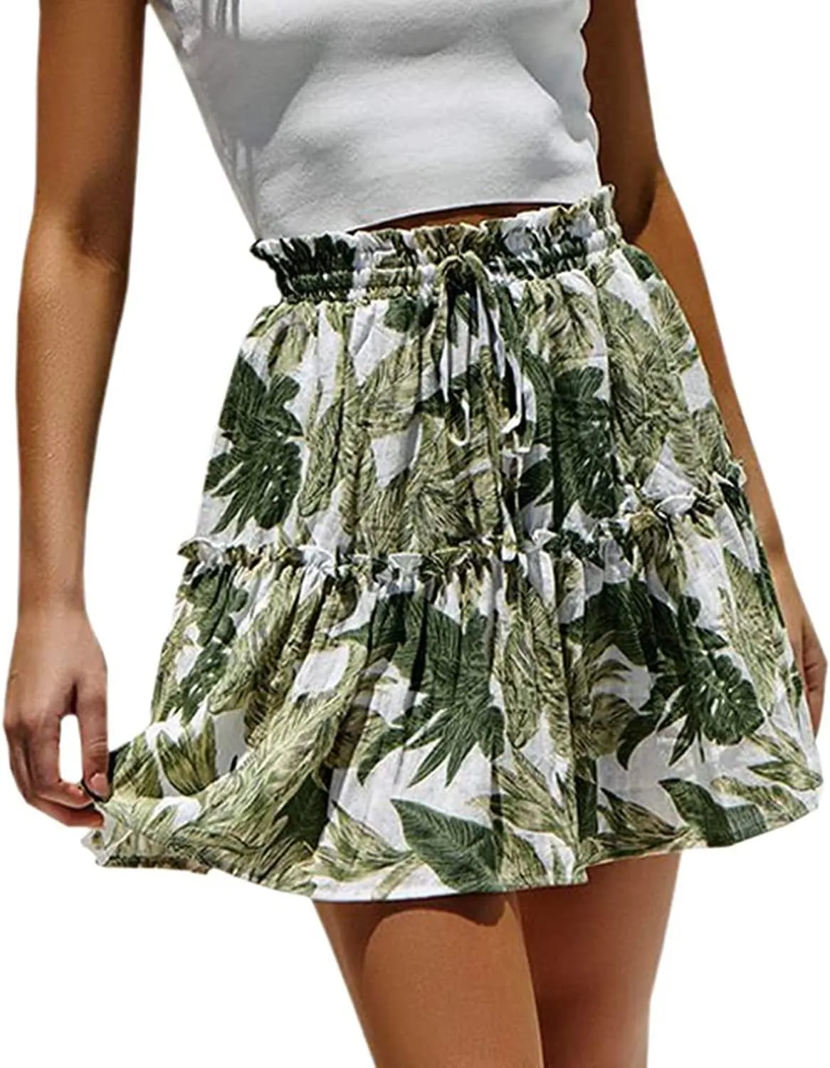Hoerev Womens Girls Floral Flared Short Skirt Cute High Waist Ruffle Skirt Beach Mini Skirt