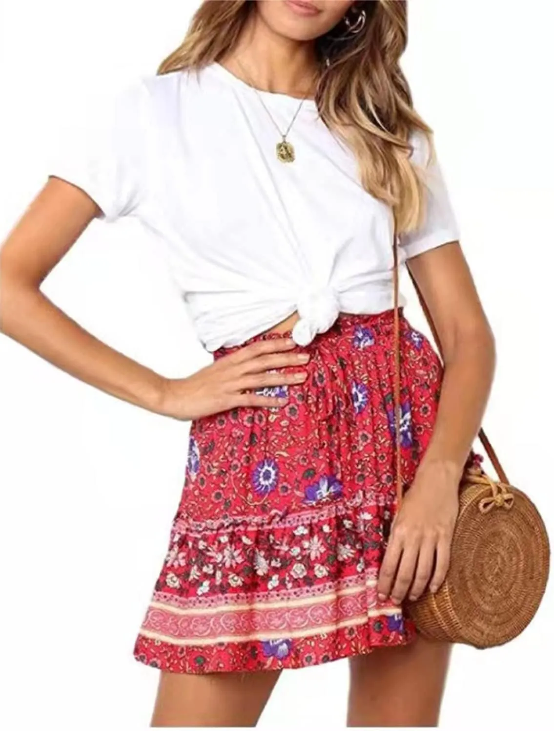 Hoerev Womens Girls Floral Flared Short Skirt Cute High Waist Ruffle Skirt Beach Mini Skirt