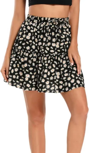 Hoerev Womens Girls Floral Flared Short Skirt Cute High Waist Ruffle Skirt Beach Mini Skirt