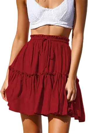 Hoerev Womens Girls Floral Flared Short Skirt Cute High Waist Ruffle Skirt Beach Mini Skirt