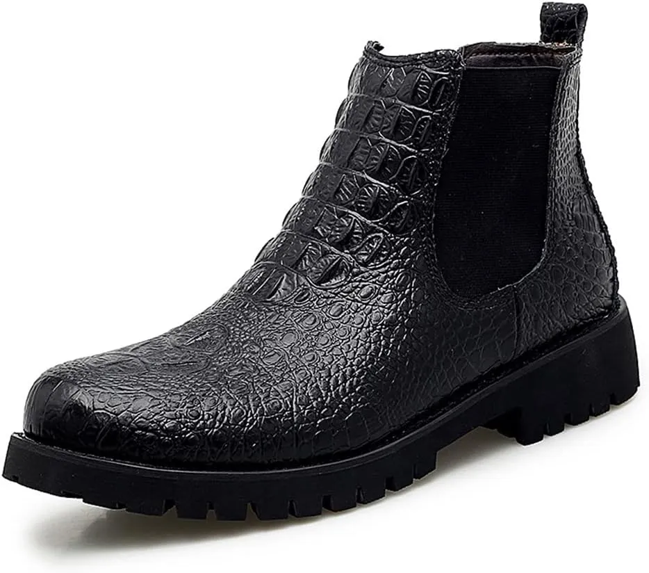 HOOENG Chelsea Boots for Men Crocodile Print Elastic Bandage Cowhide Leather Waterproof Slip on Wearable Non Slip Casual (Color : Black, Size : 7)