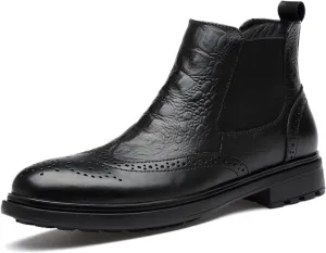 HOOENG Chelsea Boots for Men Elastic Bandage Carved Brogue Win Tip Crocodile Print Cowhide Leather Non Slip Wearable Anti-Slip Slip on Formal (Color : Black Lined, Size : 5.5)