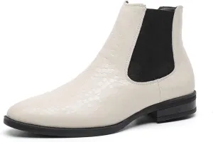 HOOENG Round Toe Ankle Boots for Men Crocodile Print Elastic Bandage Cowhide Leather Wearable Anti-Slip Non Slip on Waterproof Dress (Color : White, Size : 6)