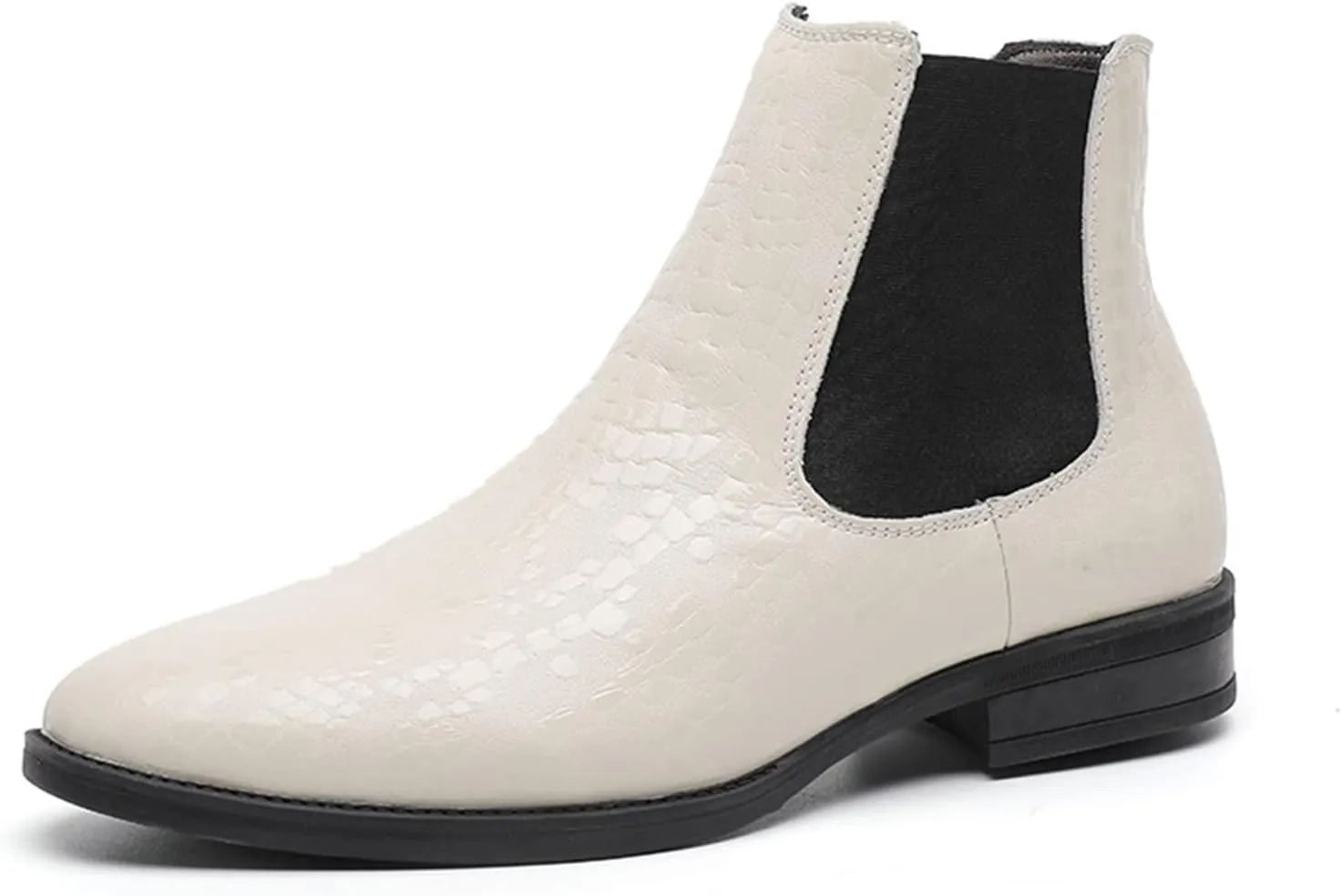 HOOENG Round Toe Ankle Boots for Men Crocodile Print Elastic Bandage Cowhide Leather Wearable Anti-Slip Non Slip on Waterproof Dress (Color : White, Size : 6)