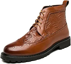 HOOENG Round Toe Boots for Men Carved Brogue Win Tip Side Zip Crocodile Print PU Non Slip Block Heel Stylish Vintage