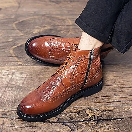 HOOENG Round Toe Boots for Men Carved Brogue Win Tip Side Zip Crocodile Print PU Non Slip Block Heel Stylish Vintage