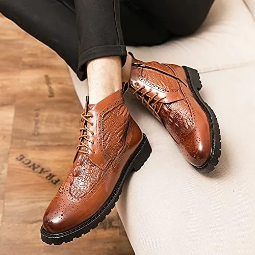 HOOENG Round Toe Boots for Men Carved Brogue Win Tip Side Zip Crocodile Print PU Non Slip Block Heel Stylish Vintage