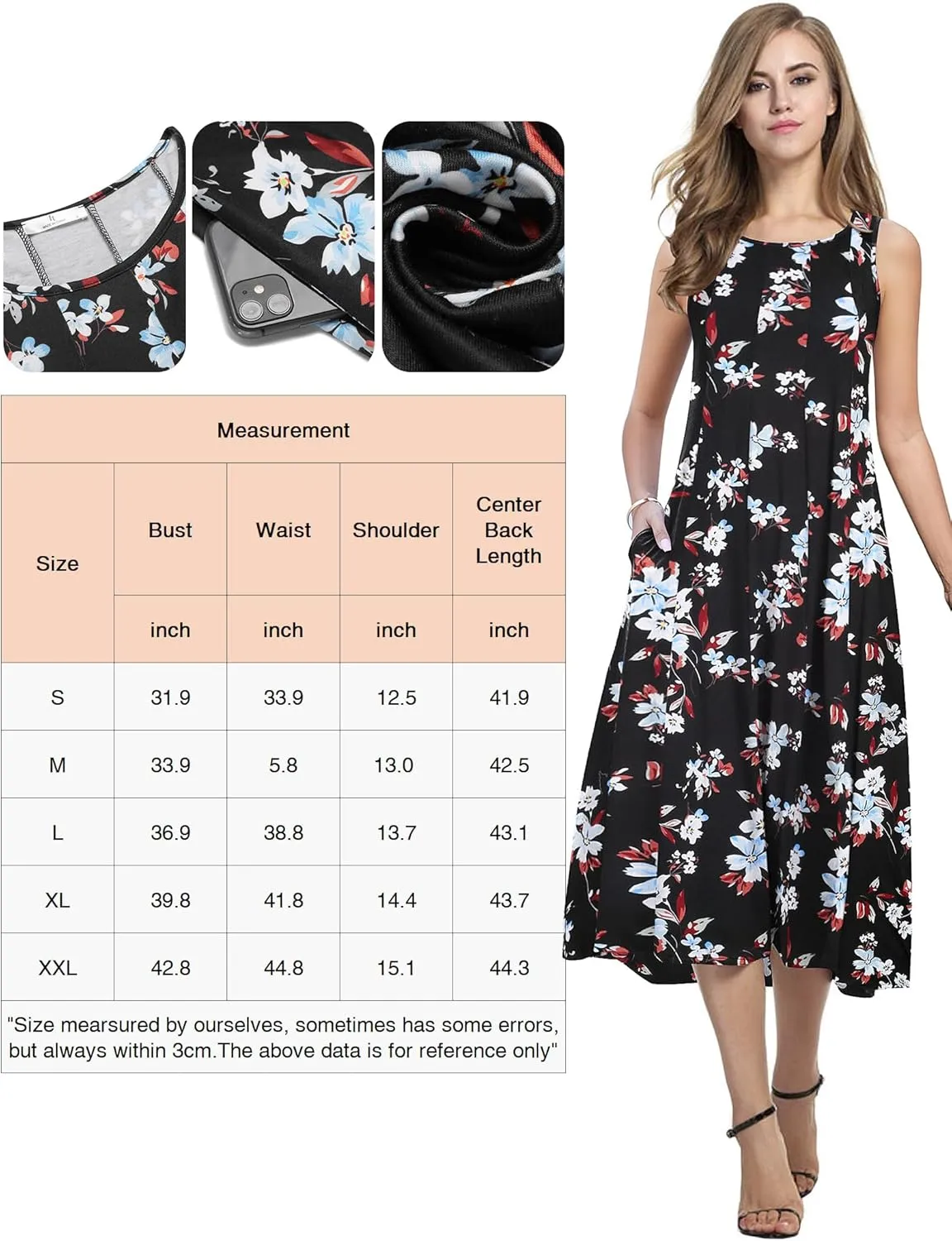 HOTOUCH Summer Casual Dresses for Women Sleeveless Midi Dress Swing Tank Sundress Pleated Tshirt Dress with Pockets