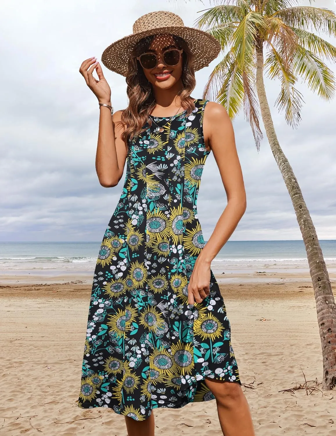 HOTOUCH Summer Casual Dresses for Women Sleeveless Midi Dress Swing Tank Sundress Pleated Tshirt Dress with Pockets