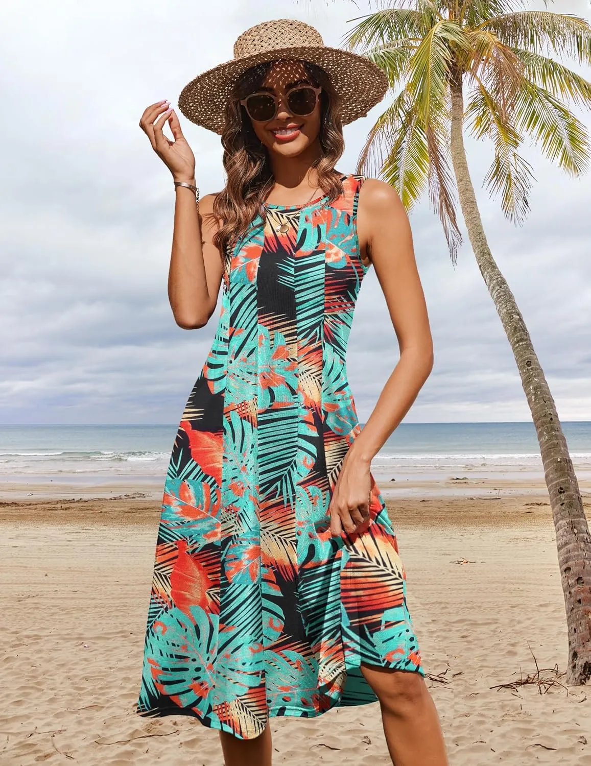 HOTOUCH Summer Casual Dresses for Women Sleeveless Midi Dress Swing Tank Sundress Pleated Tshirt Dress with Pockets