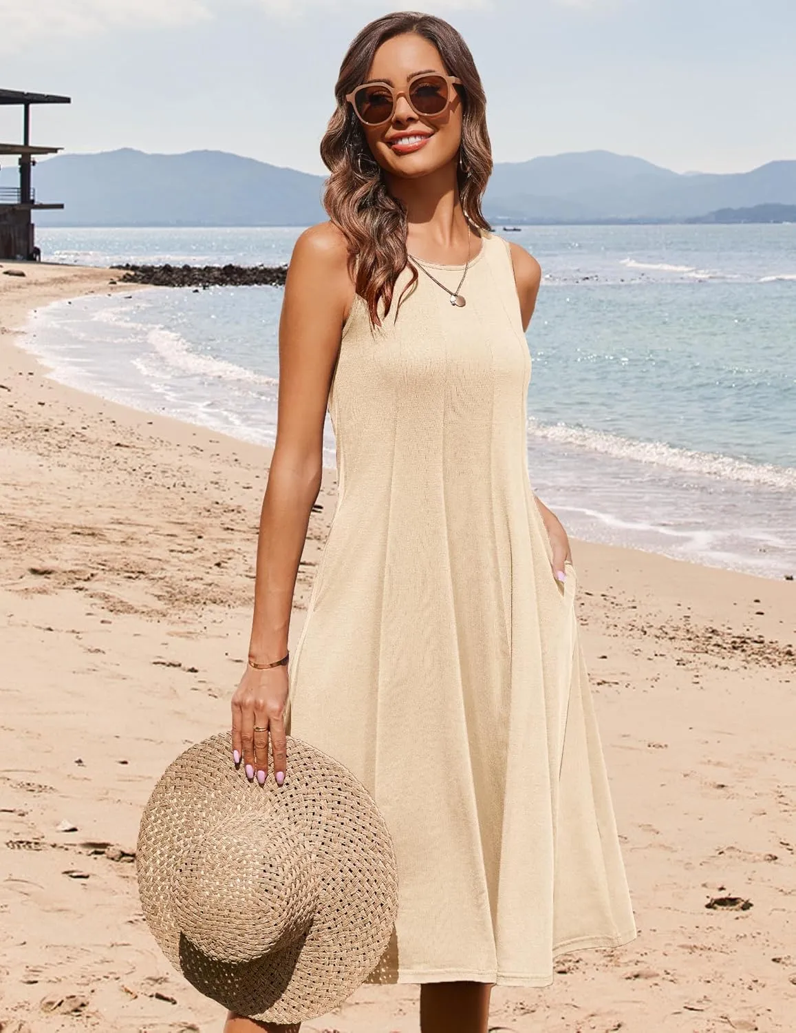 HOTOUCH Summer Casual Dresses for Women Sleeveless Midi Dress Swing Tank Sundress Pleated Tshirt Dress with Pockets