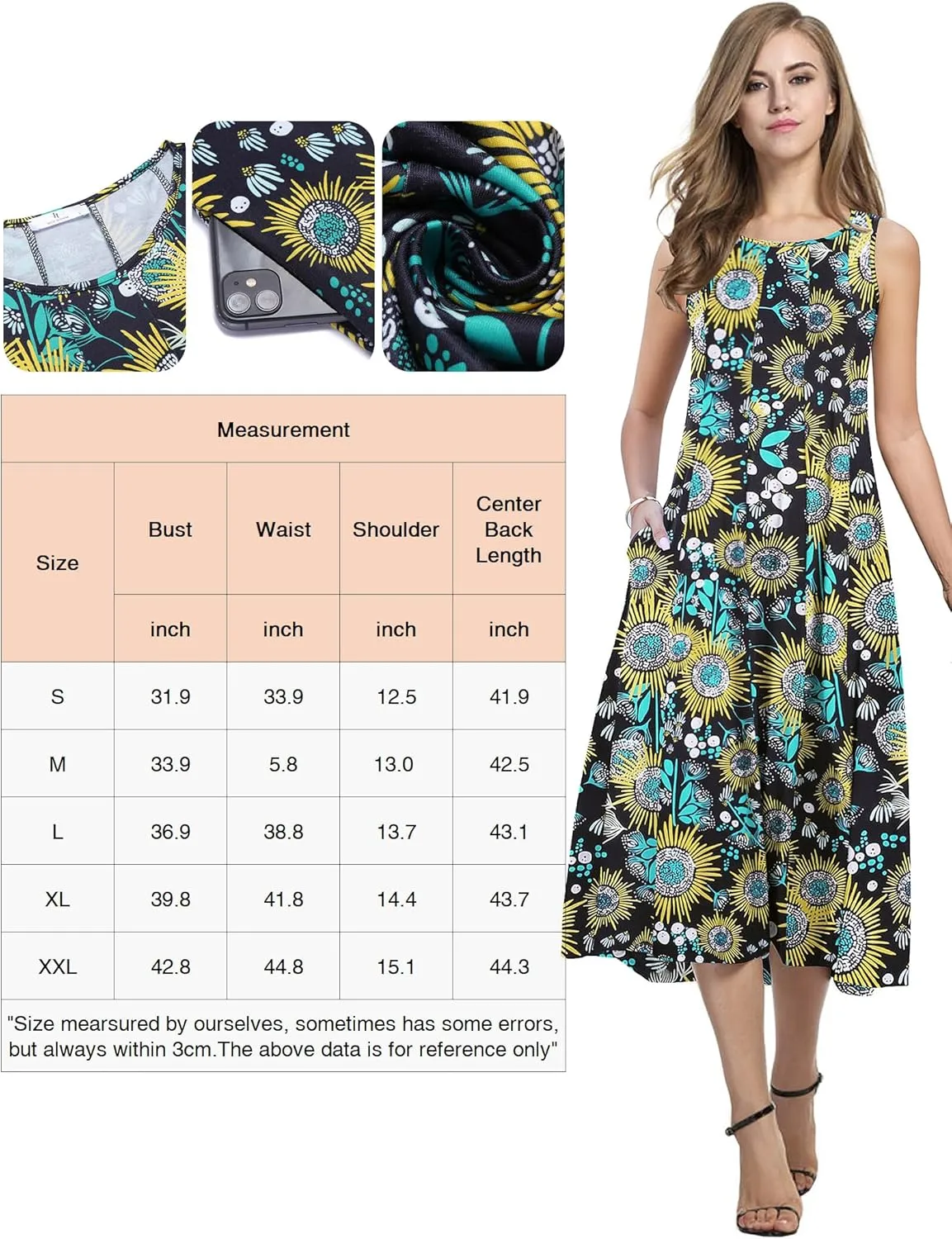HOTOUCH Summer Casual Dresses for Women Sleeveless Midi Dress Swing Tank Sundress Pleated Tshirt Dress with Pockets