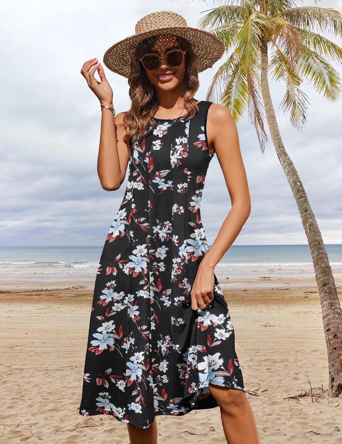 HOTOUCH Summer Casual Dresses for Women Sleeveless Midi Dress Swing Tank Sundress Pleated Tshirt Dress with Pockets