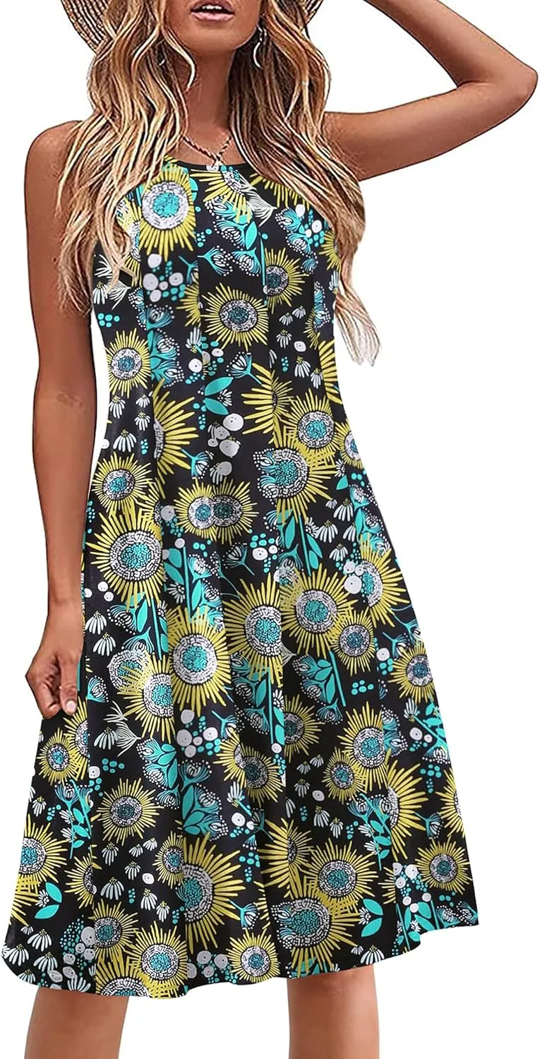 HOTOUCH Summer Casual Dresses for Women Sleeveless Midi Dress Swing Tank Sundress Pleated Tshirt Dress with Pockets