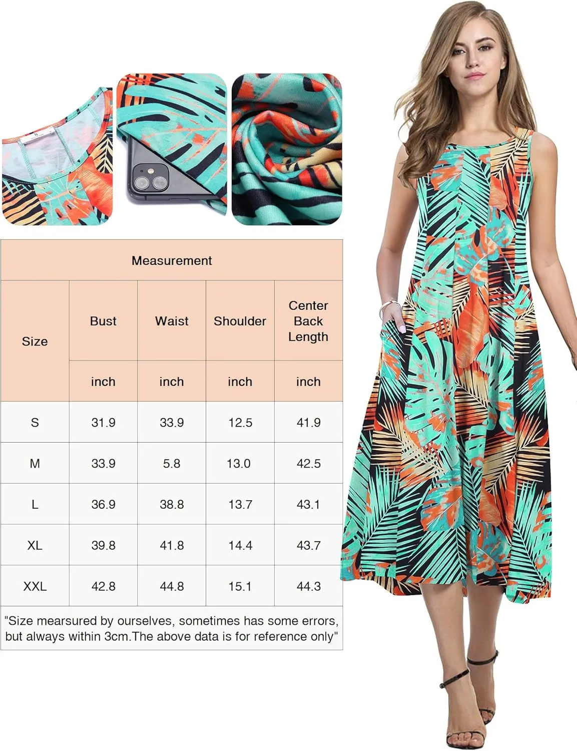 HOTOUCH Summer Casual Dresses for Women Sleeveless Midi Dress Swing Tank Sundress Pleated Tshirt Dress with Pockets