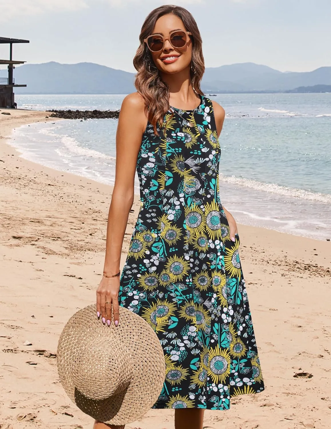 HOTOUCH Summer Casual Dresses for Women Sleeveless Midi Dress Swing Tank Sundress Pleated Tshirt Dress with Pockets