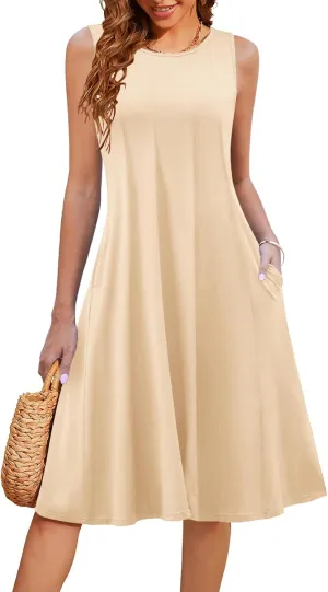 HOTOUCH Summer Casual Dresses for Women Sleeveless Midi Dress Swing Tank Sundress Pleated Tshirt Dress with Pockets