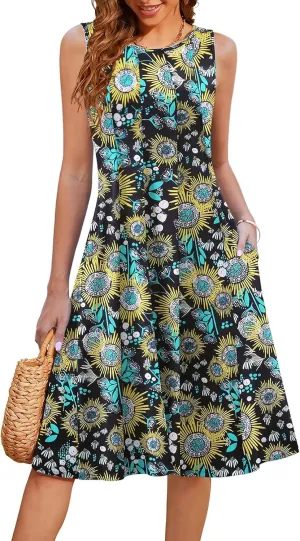 HOTOUCH Summer Casual Dresses for Women Sleeveless Midi Dress Swing Tank Sundress Pleated Tshirt Dress with Pockets