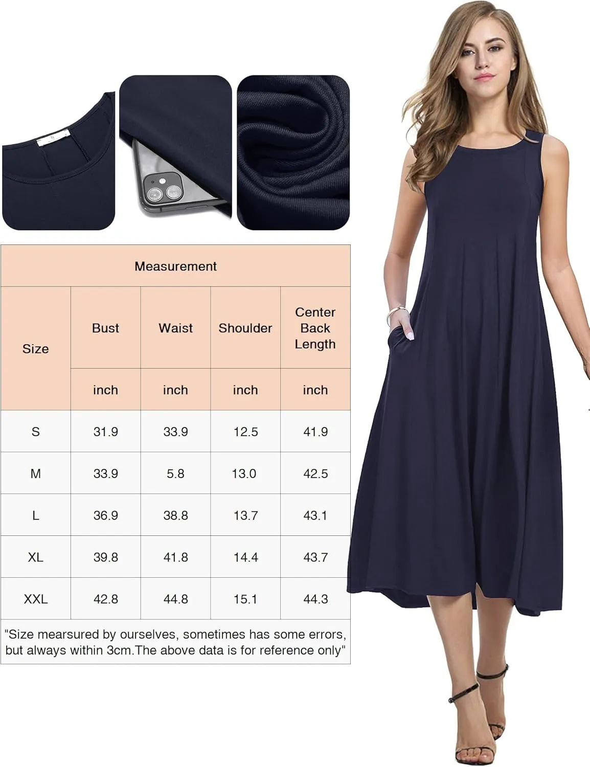 HOTOUCH Summer Casual Dresses for Women Sleeveless Midi Dress Swing Tank Sundress Pleated Tshirt Dress with Pockets