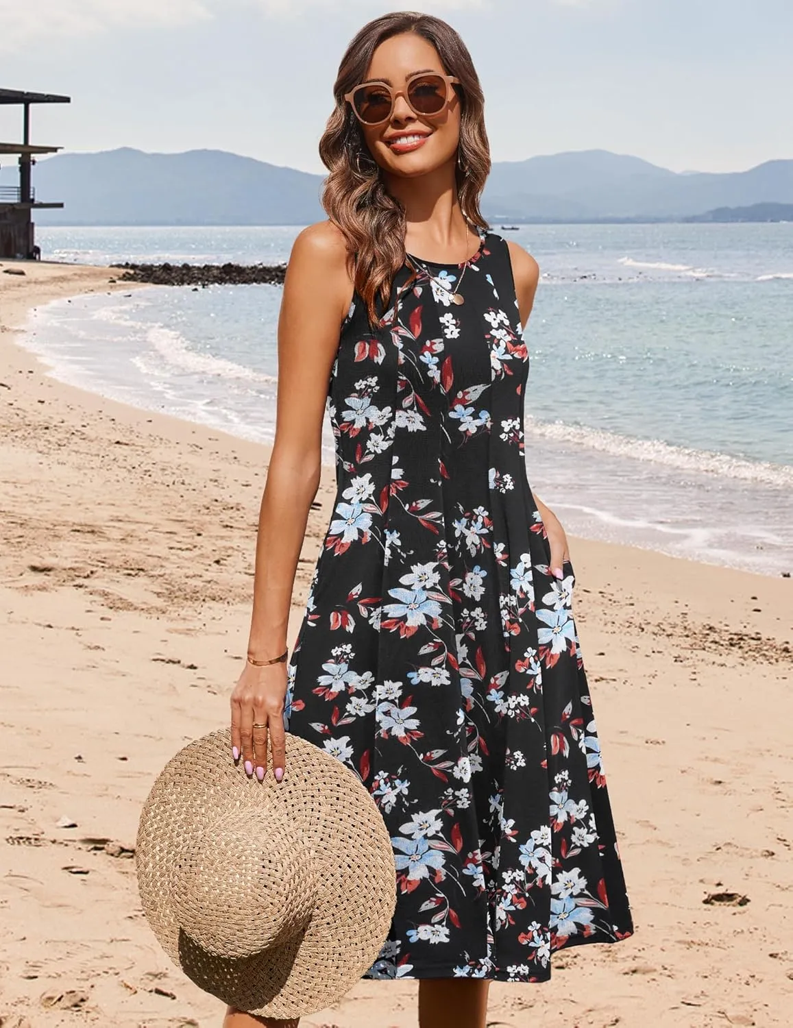 HOTOUCH Summer Casual Dresses for Women Sleeveless Midi Dress Swing Tank Sundress Pleated Tshirt Dress with Pockets