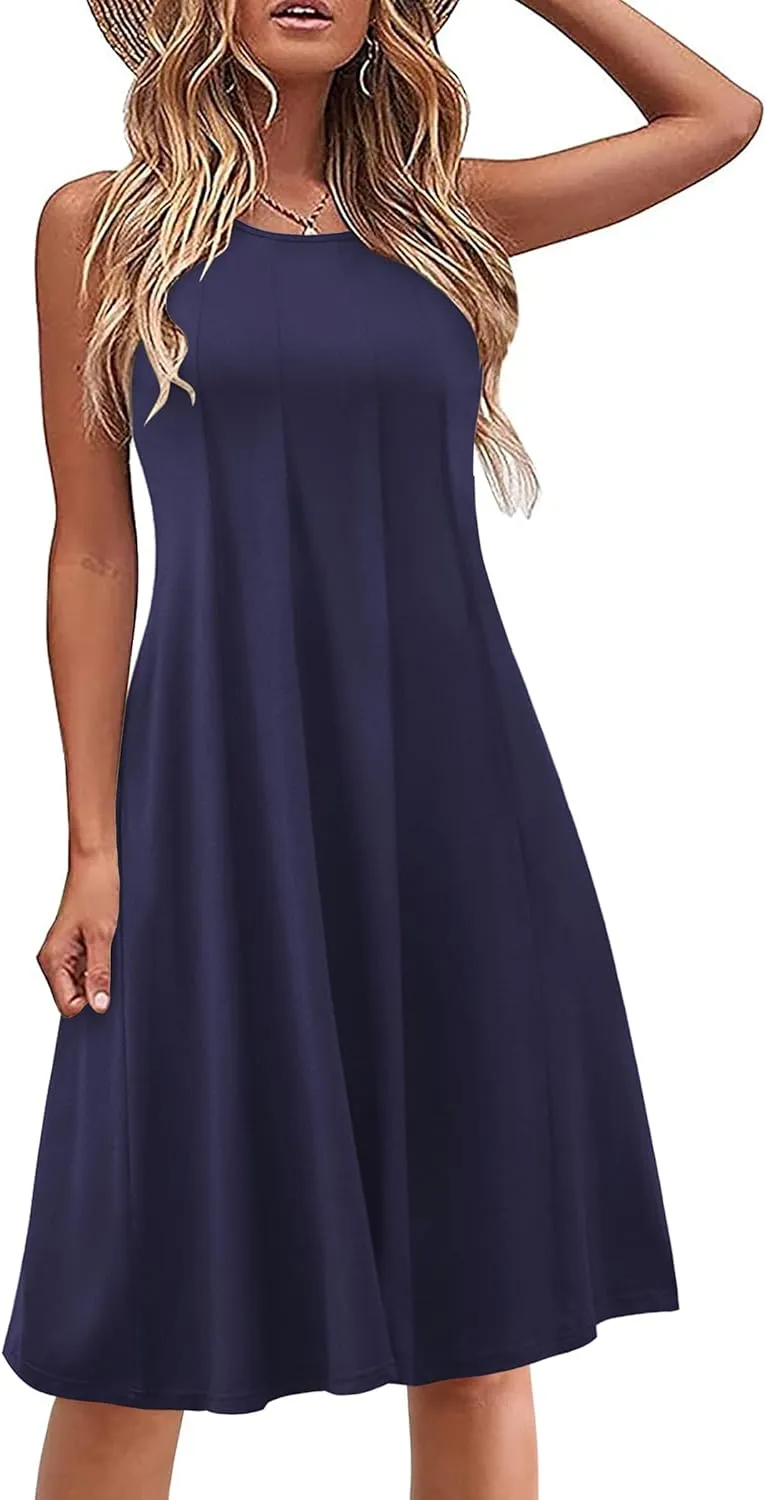 HOTOUCH Summer Casual Dresses for Women Sleeveless Midi Dress Swing Tank Sundress Pleated Tshirt Dress with Pockets
