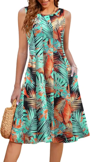 HOTOUCH Summer Casual Dresses for Women Sleeveless Midi Dress Swing Tank Sundress Pleated Tshirt Dress with Pockets