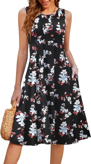 HOTOUCH Summer Casual Dresses for Women Sleeveless Midi Dress Swing Tank Sundress Pleated Tshirt Dress with Pockets