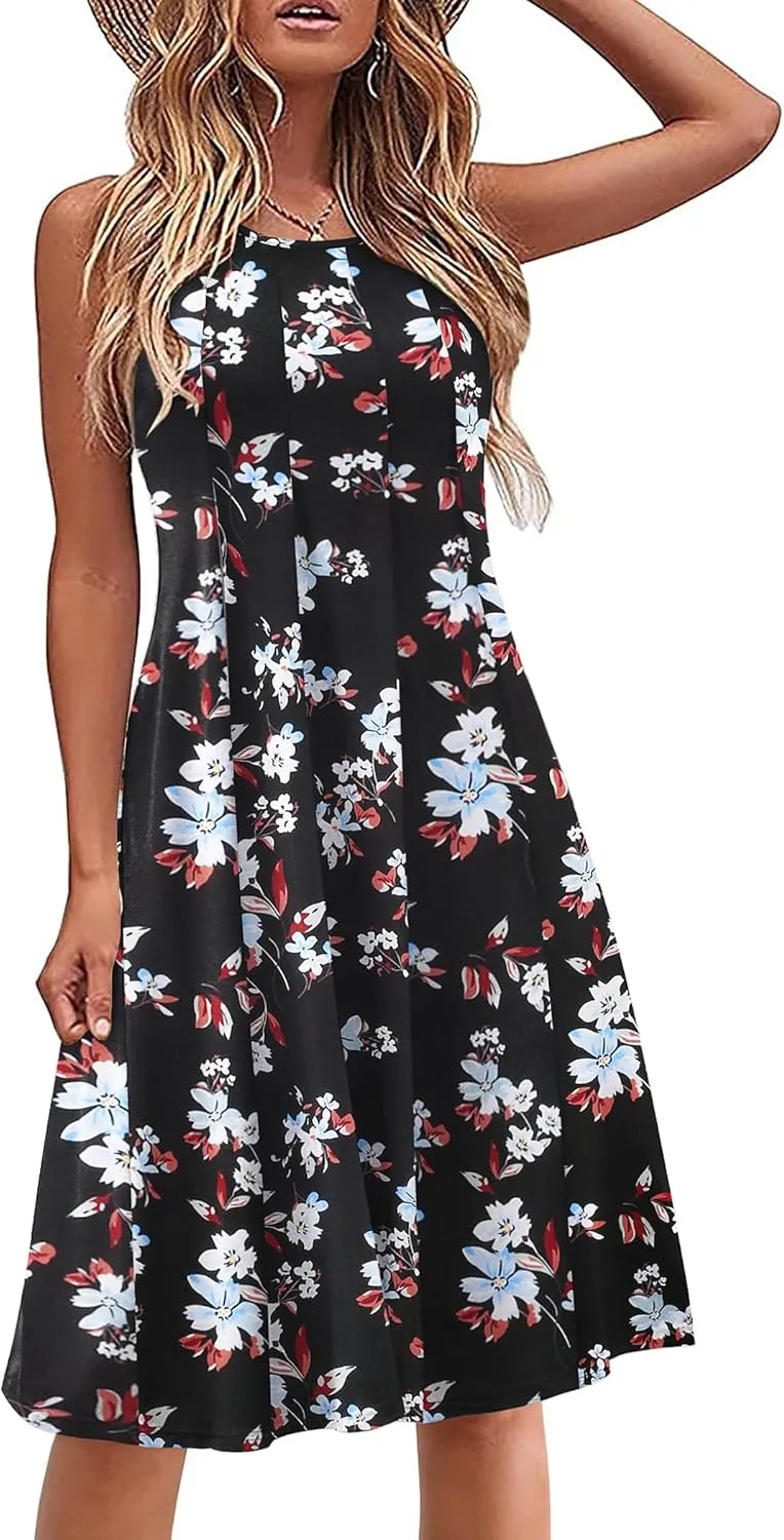 HOTOUCH Summer Casual Dresses for Women Sleeveless Midi Dress Swing Tank Sundress Pleated Tshirt Dress with Pockets