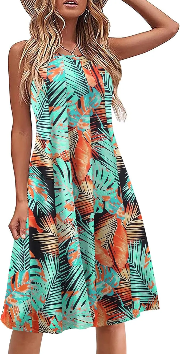 HOTOUCH Summer Casual Dresses for Women Sleeveless Midi Dress Swing Tank Sundress Pleated Tshirt Dress with Pockets