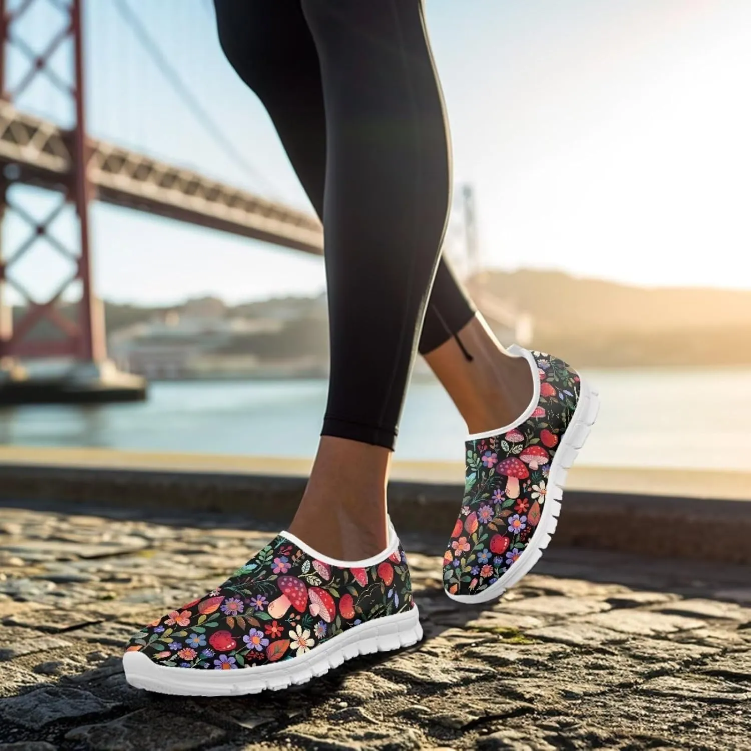 Howilath Hummingbird & Mushroom Slip on Shoes Women Casual Sport Shoes No Laces Running Sneakers with EVA Sole