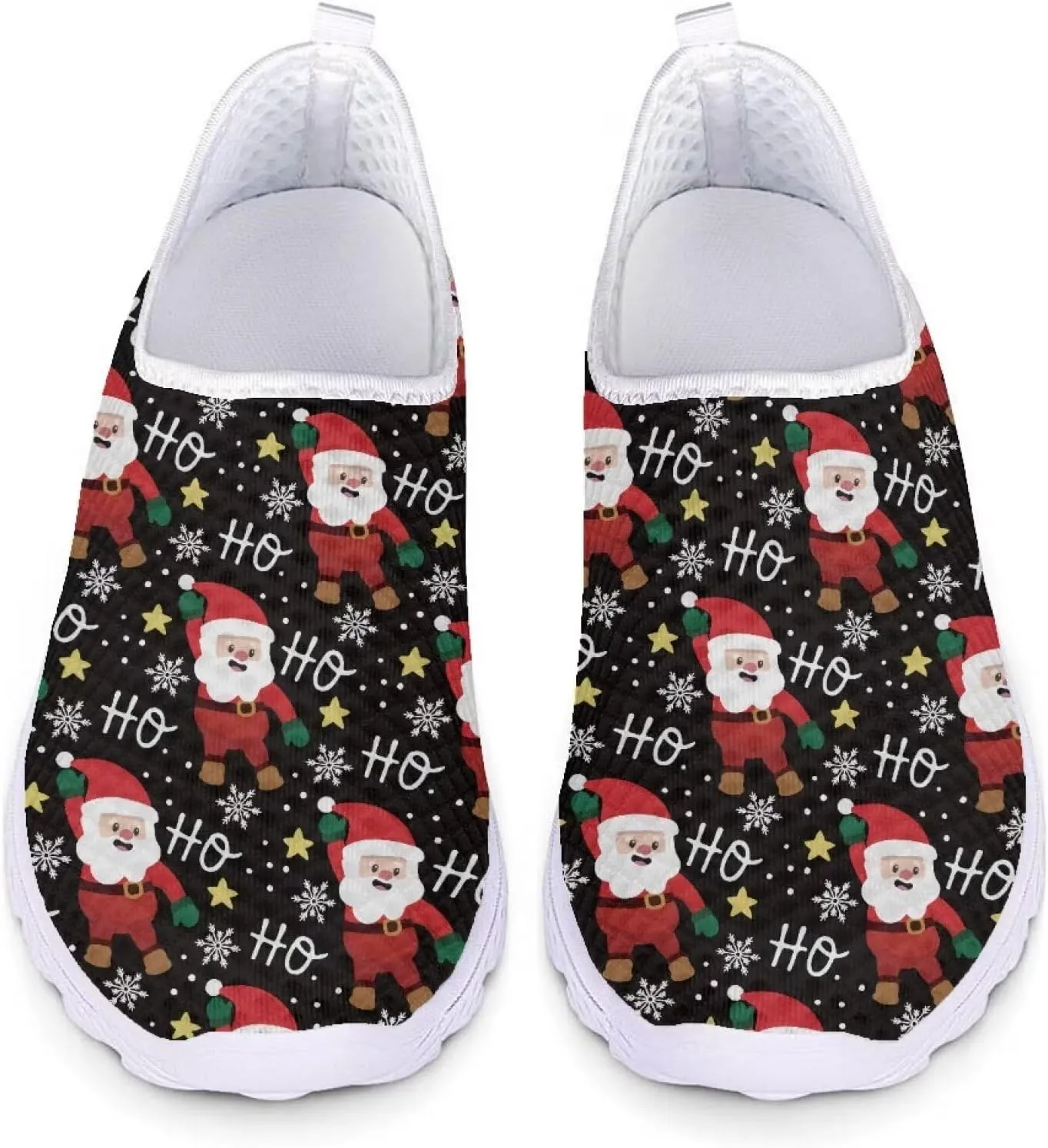HUIACONG Christmas Black Shoes Santa Claus Sneakers Ho Ho Ho Slip On Walking Shoes Size 8 Tennis Trainers for Women Teen Girls Athletic Workout Footwear for Holiday Party Xmas Gifts