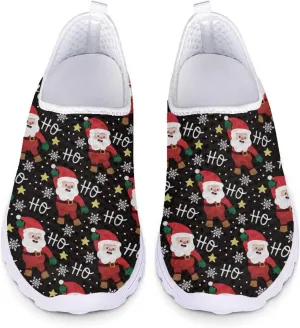 HUIACONG Christmas Black Shoes Santa Claus Sneakers Ho Ho Ho Slip On Walking Shoes Size 8 Tennis Trainers for Women Teen Girls Athletic Workout Footwear for Holiday Party Xmas Gifts